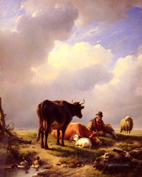Eugene Joseph Verboeckhoven Painting - A farmer At Rest With His Stock Eugene Verboeckhoven cattle
